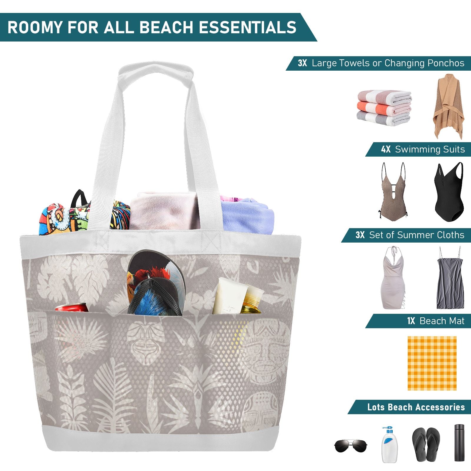 Bohemian Tribal Tote Beach Bag - Waterproof Mesh Vacation Essentials with 3 Exterior Pockets, Sandproof Bottom for Cruise/Shopping/Gym, Women's Travel Accessories