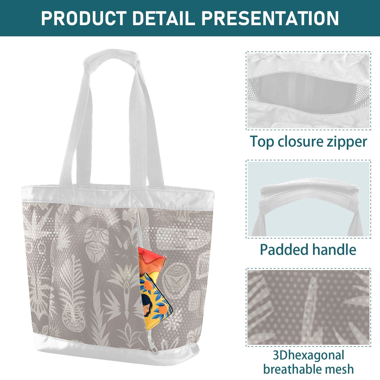 Bohemian Tribal Tote Beach Bag - Waterproof Mesh Vacation Essentials with 3 Exterior Pockets, Sandproof Bottom for Cruise/Shopping/Gym, Women's Travel Accessories