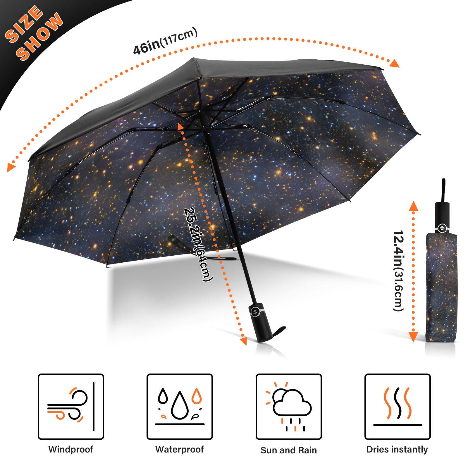 Dark Galaxy Starry Sky Umbrella - Waterproof Outdoor Umbrella with Golden Stars &amp; 8 Reinforced Ribs for Sun/Rain Protection&nbsp;