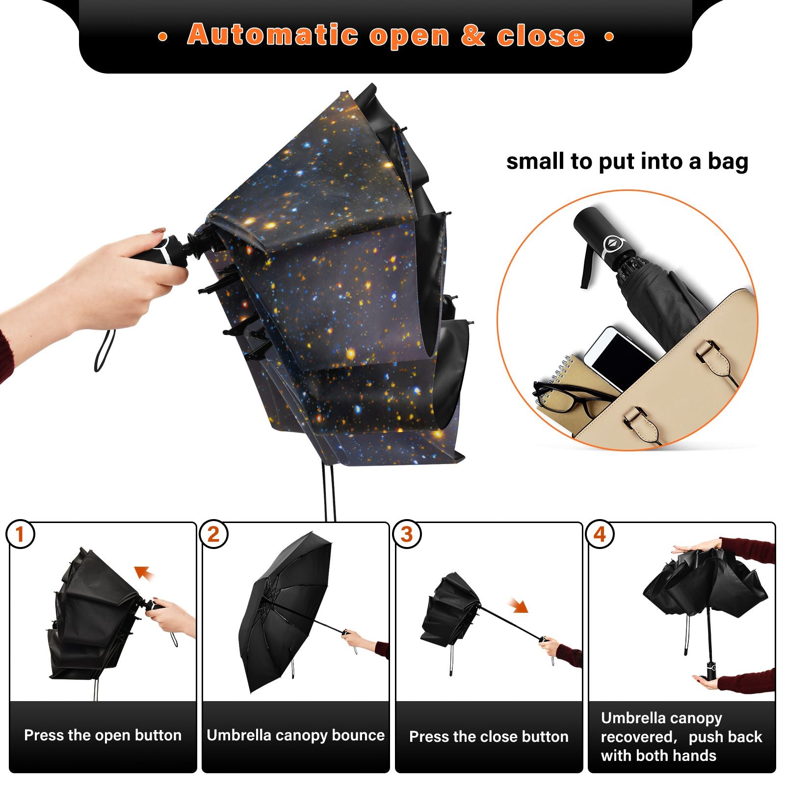 Dark Galaxy Starry Sky Umbrella - Waterproof Outdoor Umbrella with Golden Stars &amp; 8 Reinforced Ribs for Sun/Rain Protection&nbsp;
