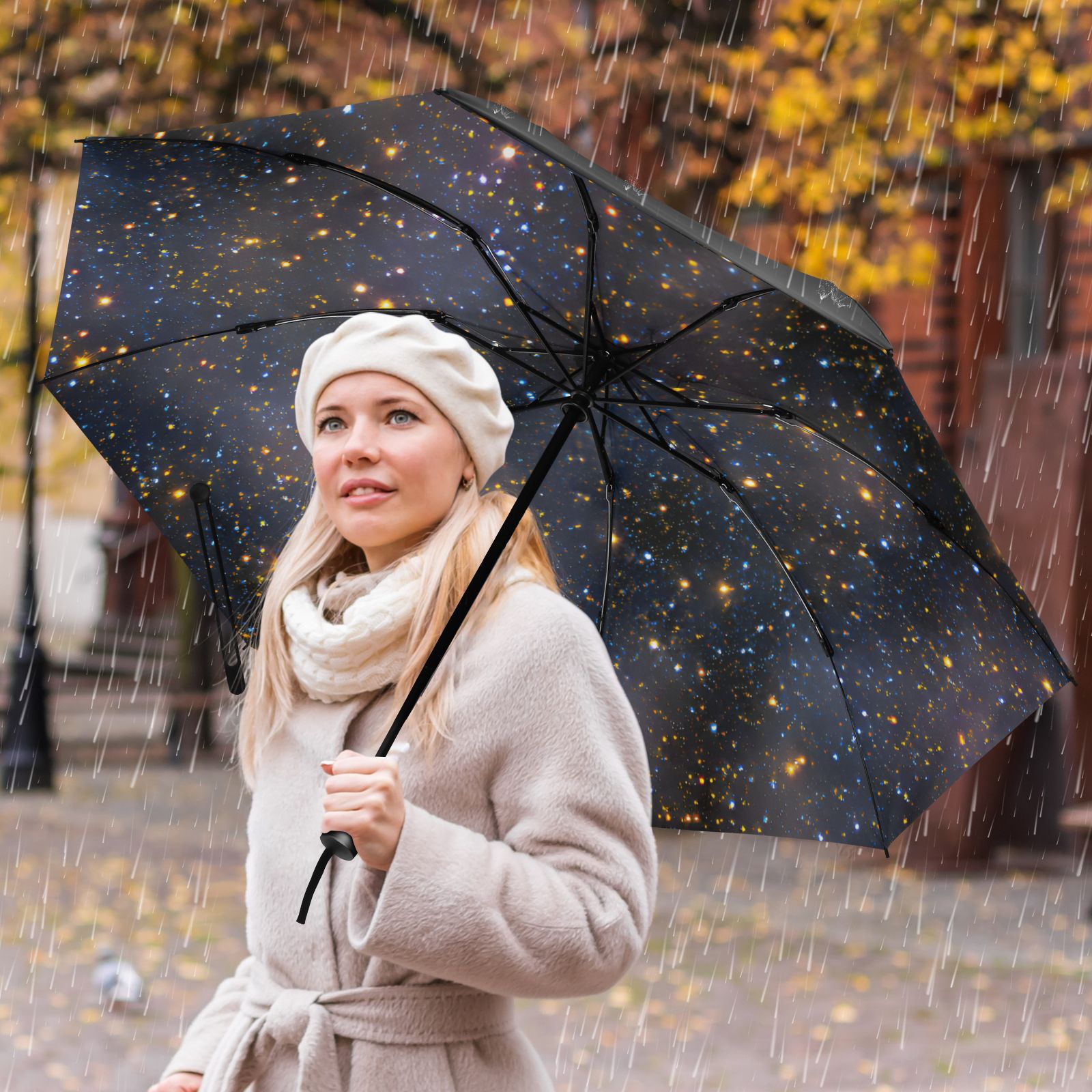 Dark Galaxy Starry Sky Umbrella - Waterproof Outdoor Umbrella with Golden Stars &amp; 8 Reinforced Ribs for Sun/Rain Protection&nbsp;