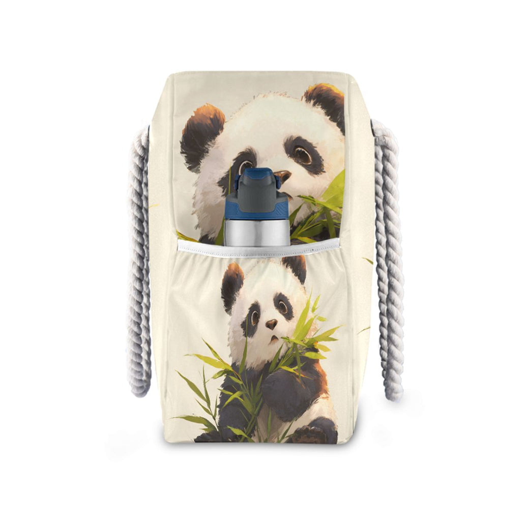 Bamboo Panda Beach Tote for Women - Large Waterproof Swim Bag with Wet/Dry Pockets, Floral Lettering Summer Vacation Essentials Carrier