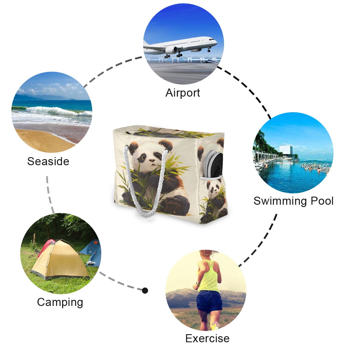 Bamboo Panda Beach Tote for Women - Large Waterproof Swim Bag with Wet/Dry Pockets, Floral Lettering Summer Vacation Essentials Carrier