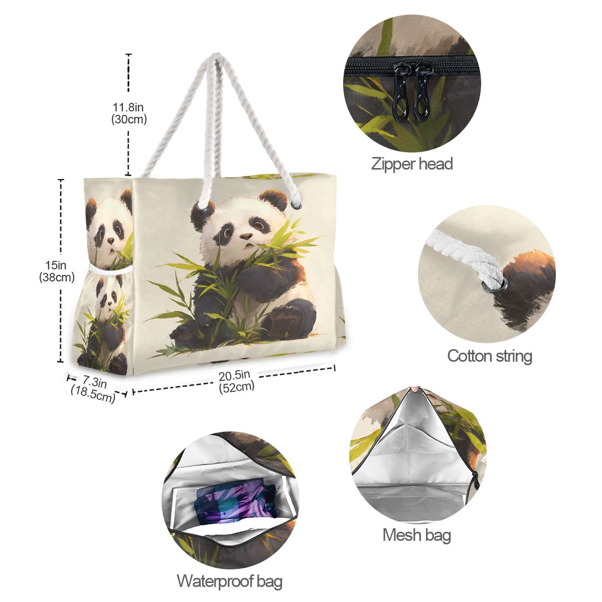 Bamboo Panda Beach Tote for Women - Large Waterproof Swim Bag with Wet/Dry Pockets, Floral Lettering Summer Vacation Essentials Carrier