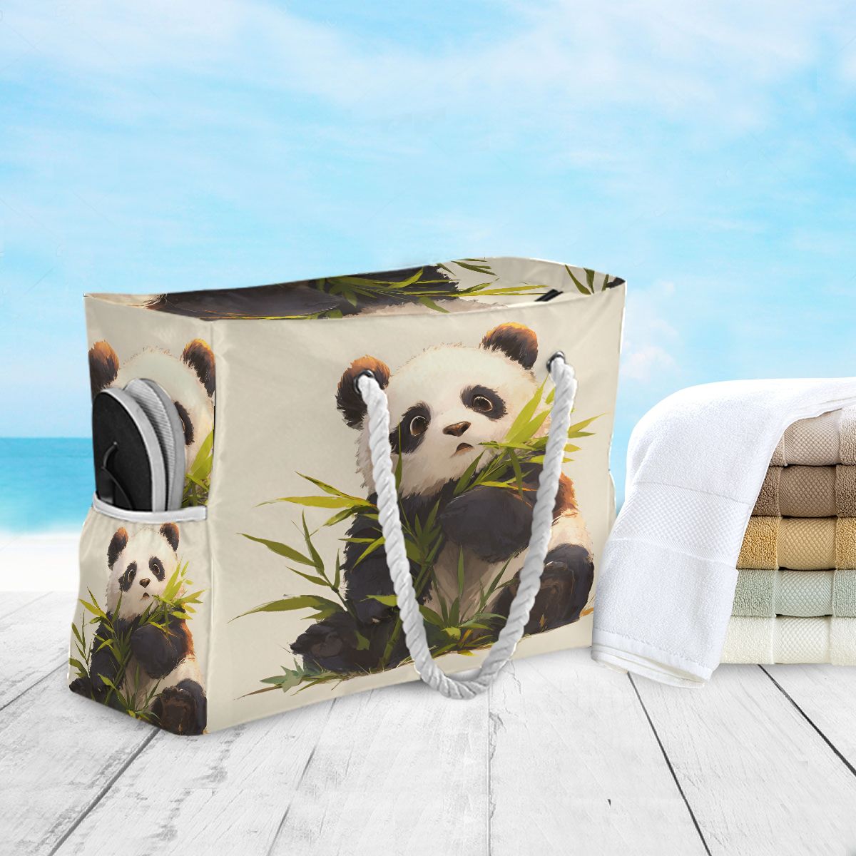 Bamboo Panda Beach Tote for Women - Large Waterproof Swim Bag with Wet/Dry Pockets, Floral Lettering Summer Vacation Essentials Carrier